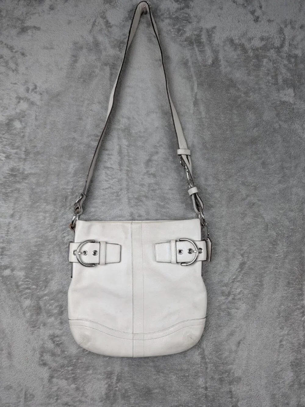 Coach Soho Slim (#1452) In White Leather, Silver Buckles Long Straps.